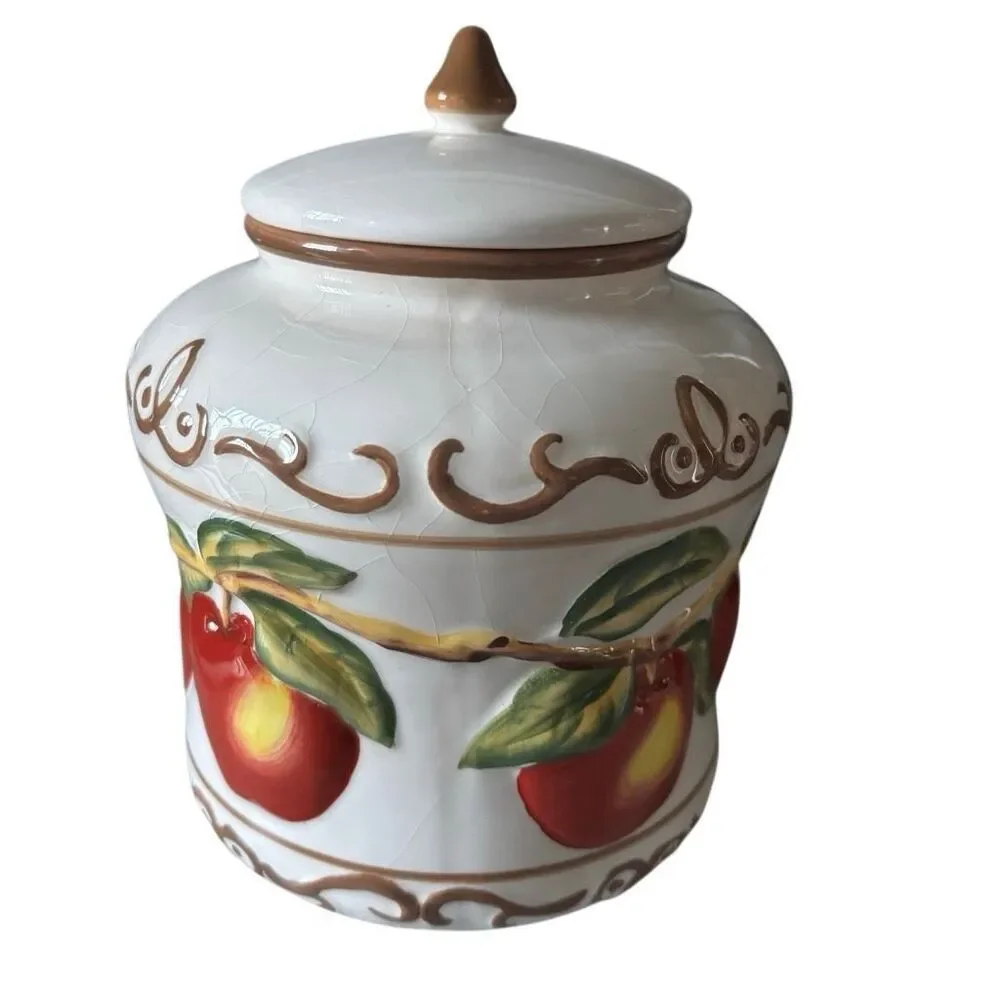 Vintage Handmade For Nonni’s Colorful Apple Design Ceramic Biscotti Jar *Read*